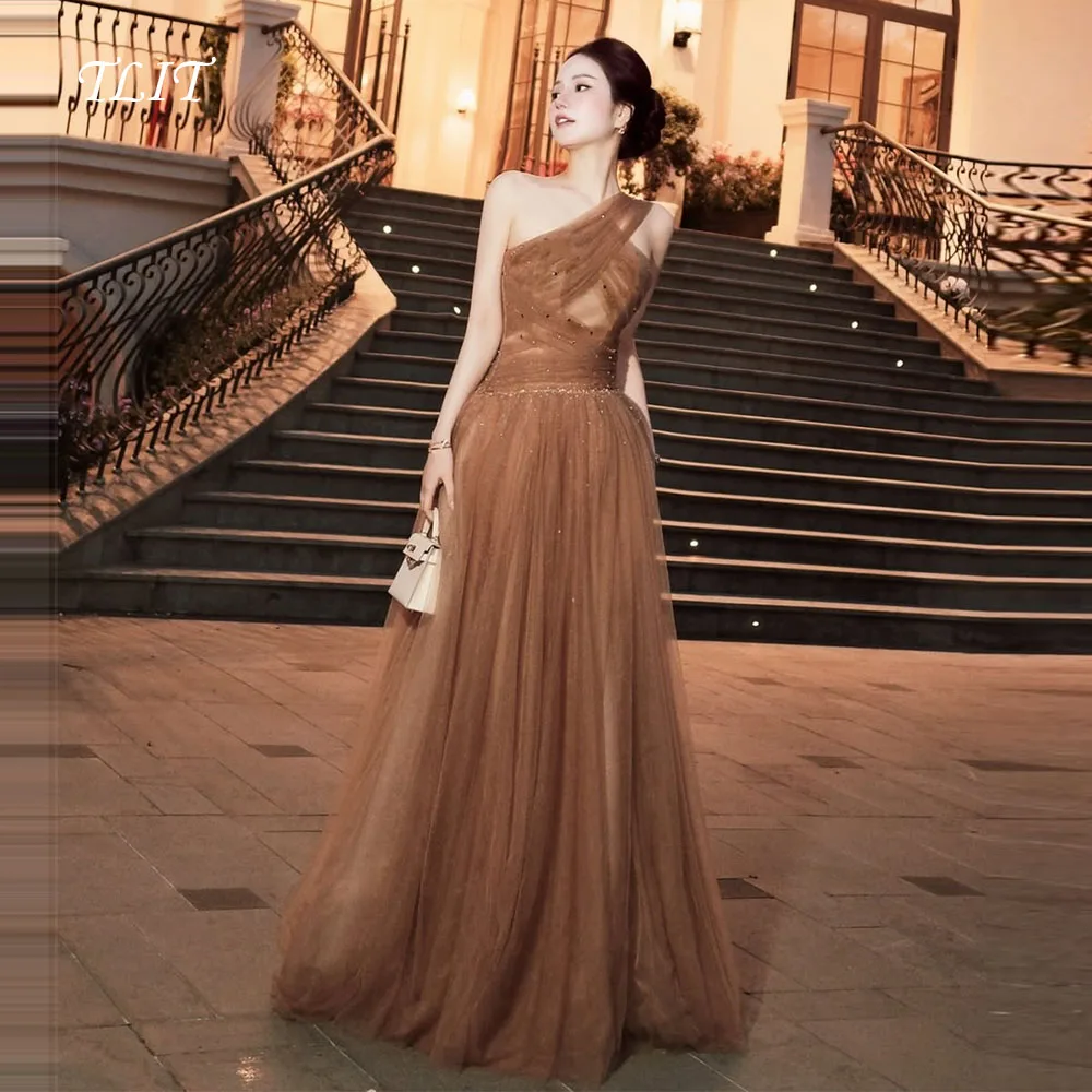 

TLIT Elegant Brown Tulle A-Line Evening Dress For Women Wedding Party Applique Crystal Prom Gowns Customized Criss-Cross Dresses