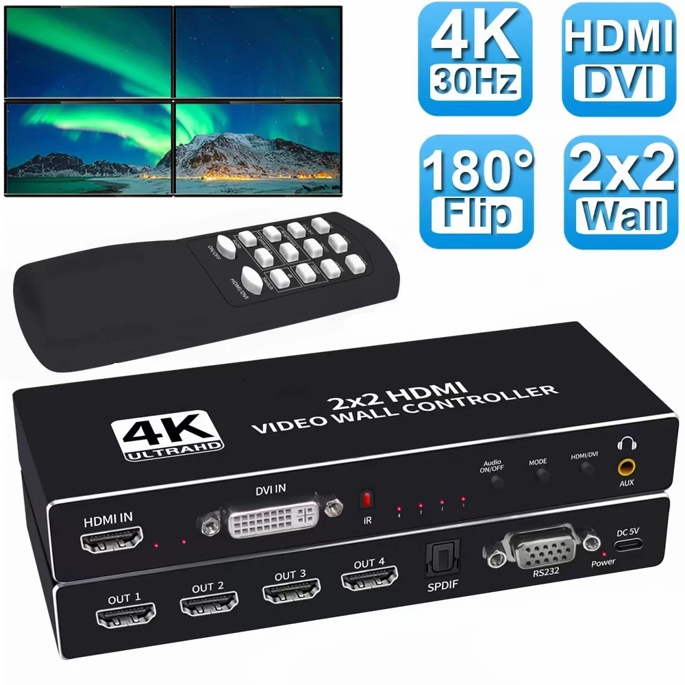 2x2 HDMI DVI TV Video wall Controller Processor 1X2 1X4 1X3 3X3 3x1 4X1 multi video screen processor switcher splicer  180° Flip