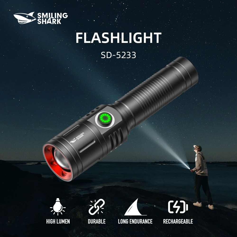 Smiling Shark SD-5233 LED Flashlight, Super Bright Handheld Flashlight, Long-lasting Flash Light Rechargeable for Outdoors