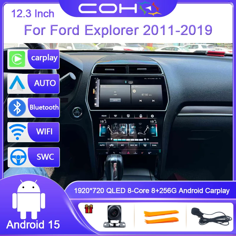 Reproductor Multimedia para Auto de 12.3 Pulgadas para Ford Explorer 2011-2019, Android 15, 8 Núcleos, 8G+256G, Receptor Estéreo, Radio, GPS, 4G, WIFI, Pantalla AC