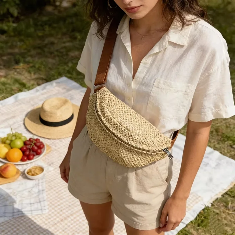 Casual Women's Straw Woven Waist Bag With Adjustable Shoulder Straps Suitable For Summer Beach Vacations And Daily Use image 4