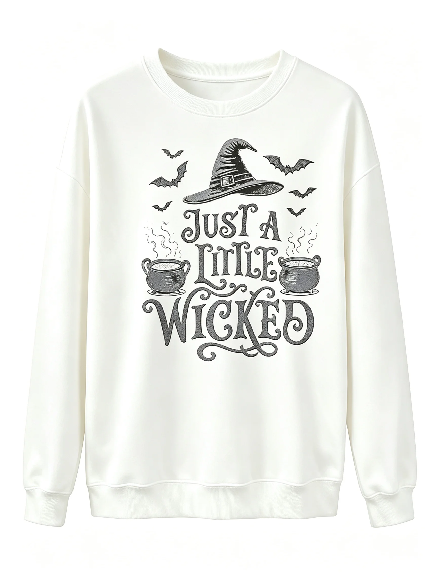 Women Crew Neck Sweatshirt Just A Little Wicked Witch Hat Cauldron Bat Graphic Pullover Casual Halloween Party Long Sleeve Tops