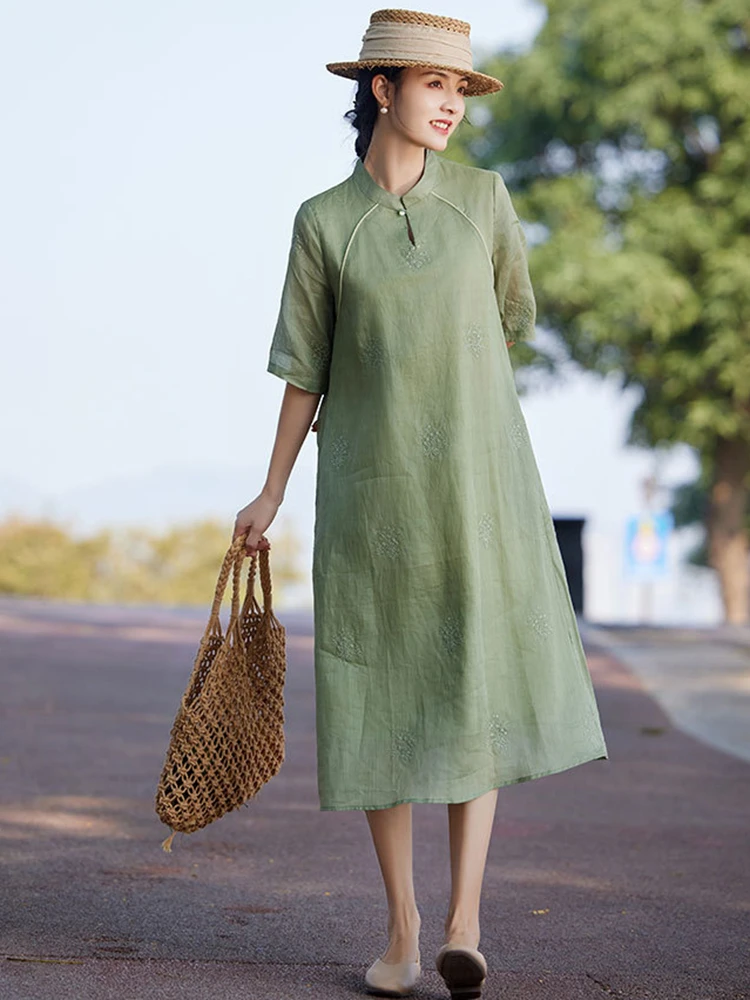 

100% Ramie Floral Embroidery Women Casual Dress New 2026 Summer Chinese Style Loose Comfortable Female Long Dresses M2614