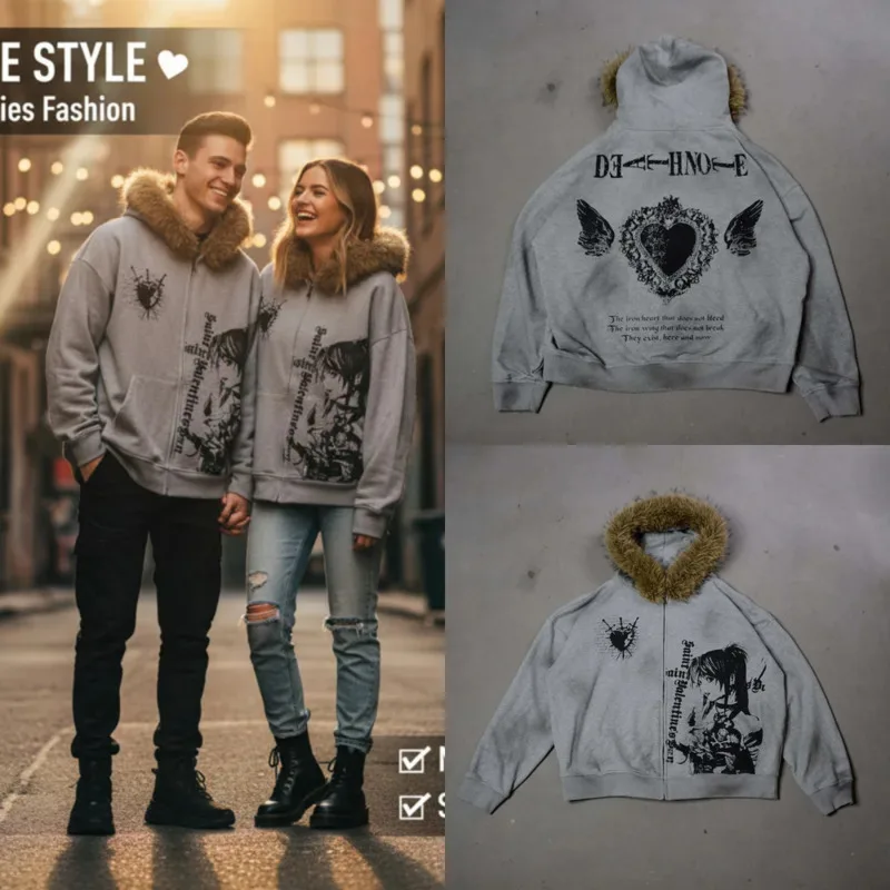 

Punk Printed Fur Collar Hoodie Hoodie Girl Sweatshirt Autumn Winter Casual Y2K Gothic Letter Character Hip Hop Unisex Top New