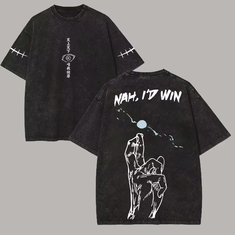 

Футболка оверсайз Jujutsu Kaisen Gojo 2026, летняя, с эффектом потертости, винтажная, в стиле аниме-стритвир, с графическим принтом «Nah I'd Win», для мужчин и женщин