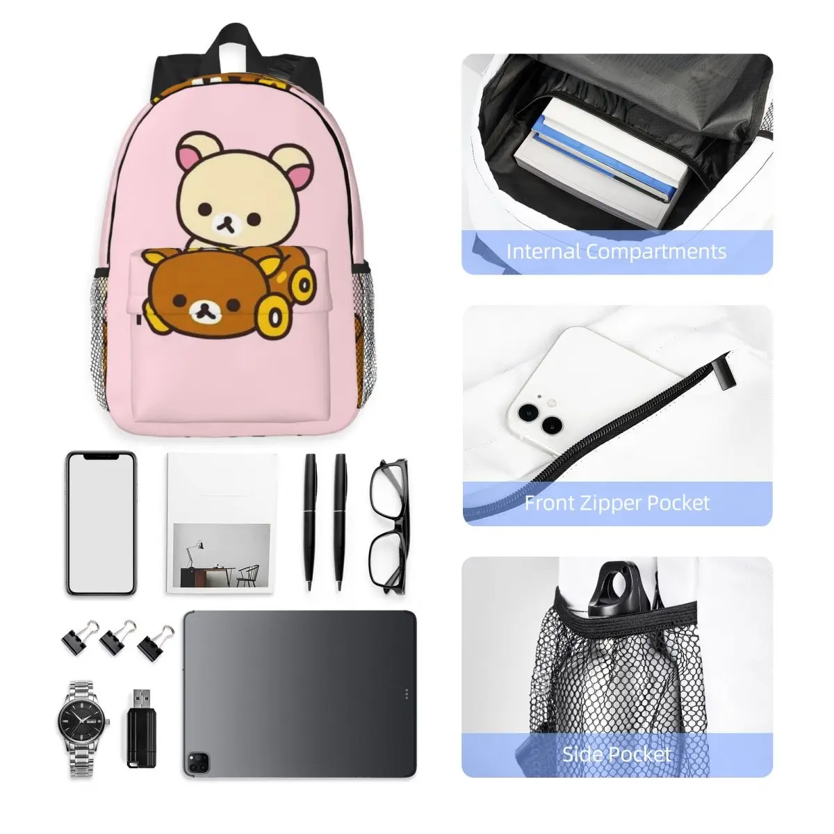 Korilakkuma Driving A Rilakkuma Car Backpack Hot Sale Daypack Large Capacity BookBag Shoulder Bags for Men Women School Bag