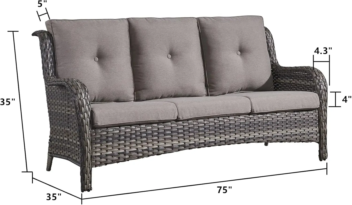 Outdoor Couch Wicker Patio Sofa - 3-Seater Rattan Patio Furniture Conversation Sofas with Deep Seating and Comfortable Cushions