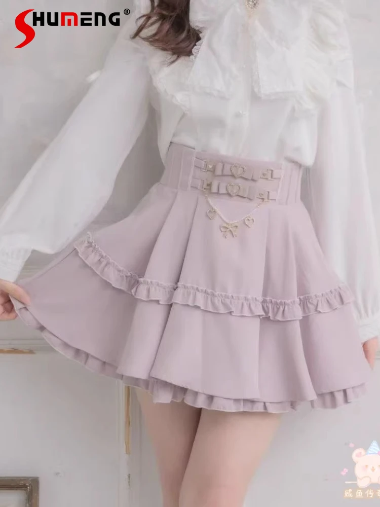 

Japanese Style Mass-Produced Sweet Lolita Skirts PU Bow Heart Buckle High Waist A-line Versatile Layered Cake Skirt for Women