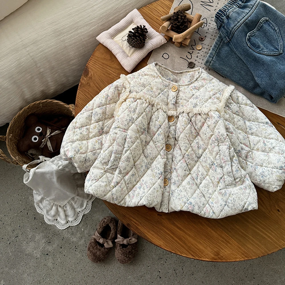 

Girls Thickened Jackets Floral Print Kids Warm Cotton Coat Baby One Breasted Long Sleeve Padded Jackets Child Thermal Parka