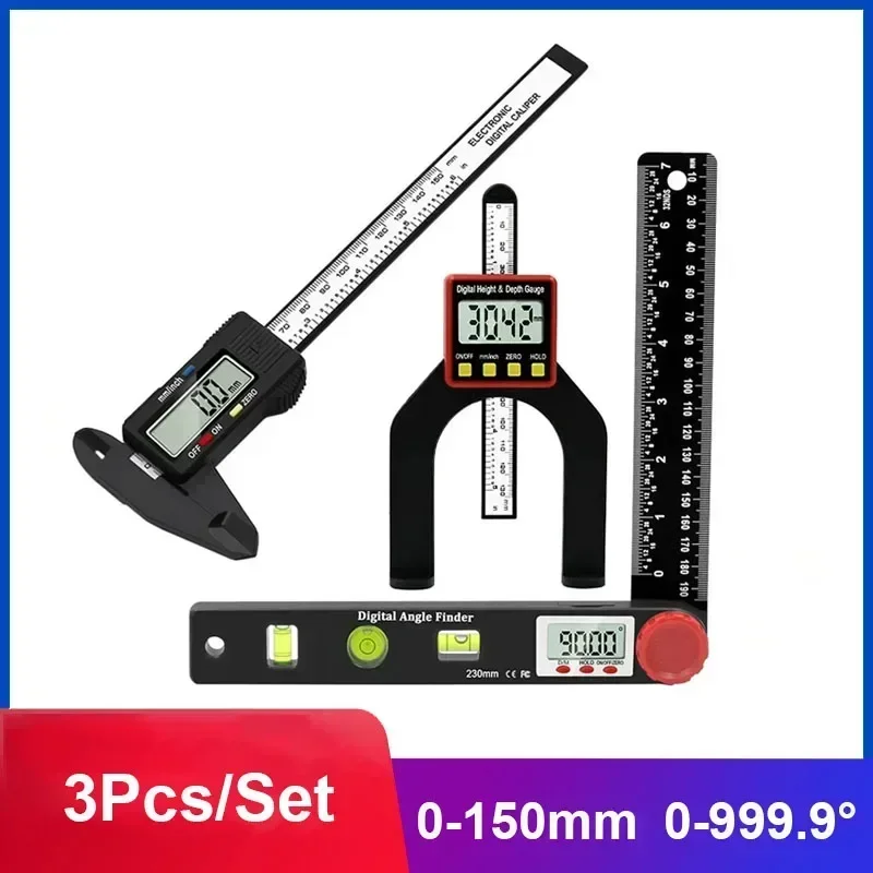 3Pcs Digital Protractor Angle Ruler Spirit Level Digital caliper Depth Gauges Woodworking Multi-function Measuring Tools Set
