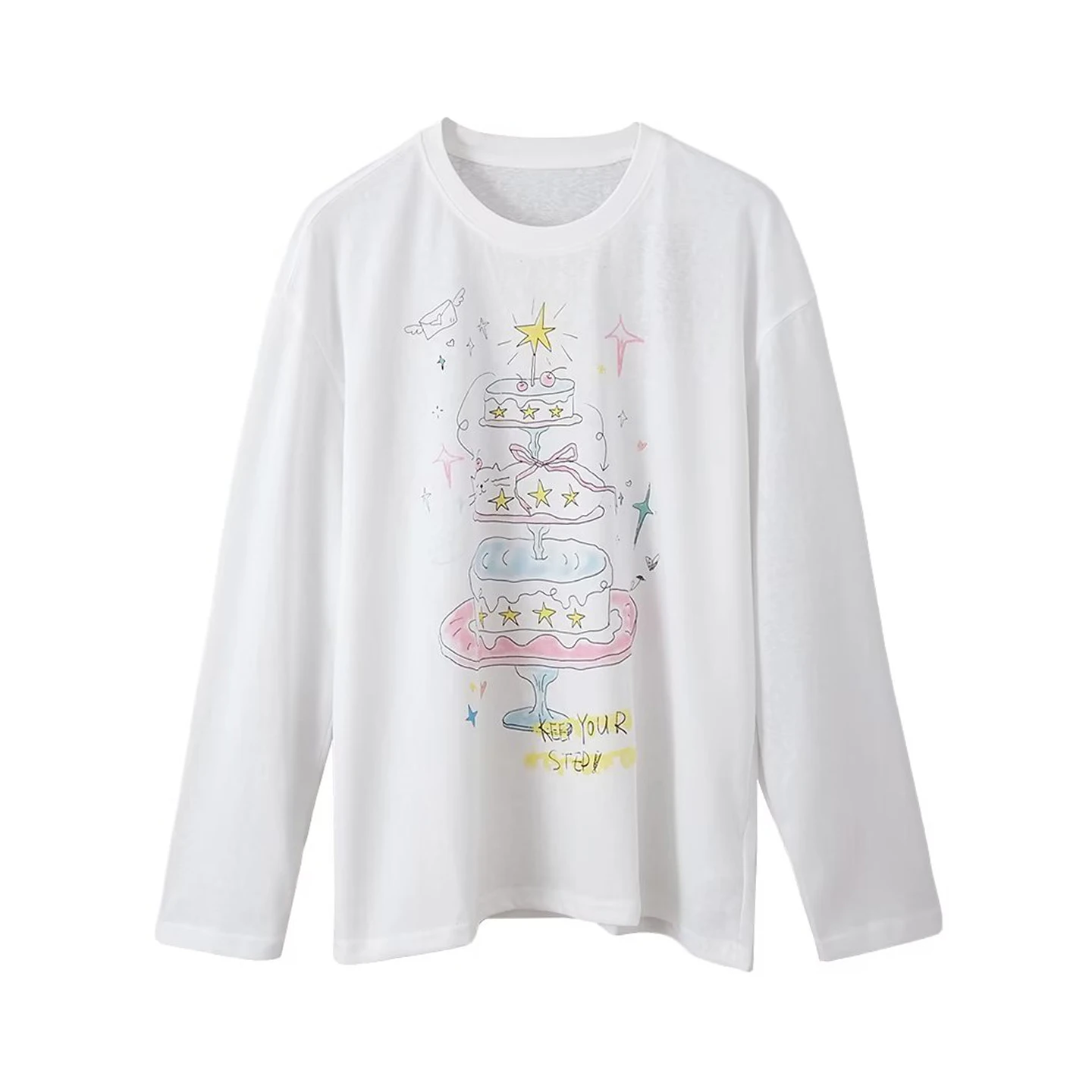 Luźna, codzienna, długa koszulka damska z nadrukiem, dopasowany krój, okrągły dekolt, regularna długość, jesień 2025, top damski.