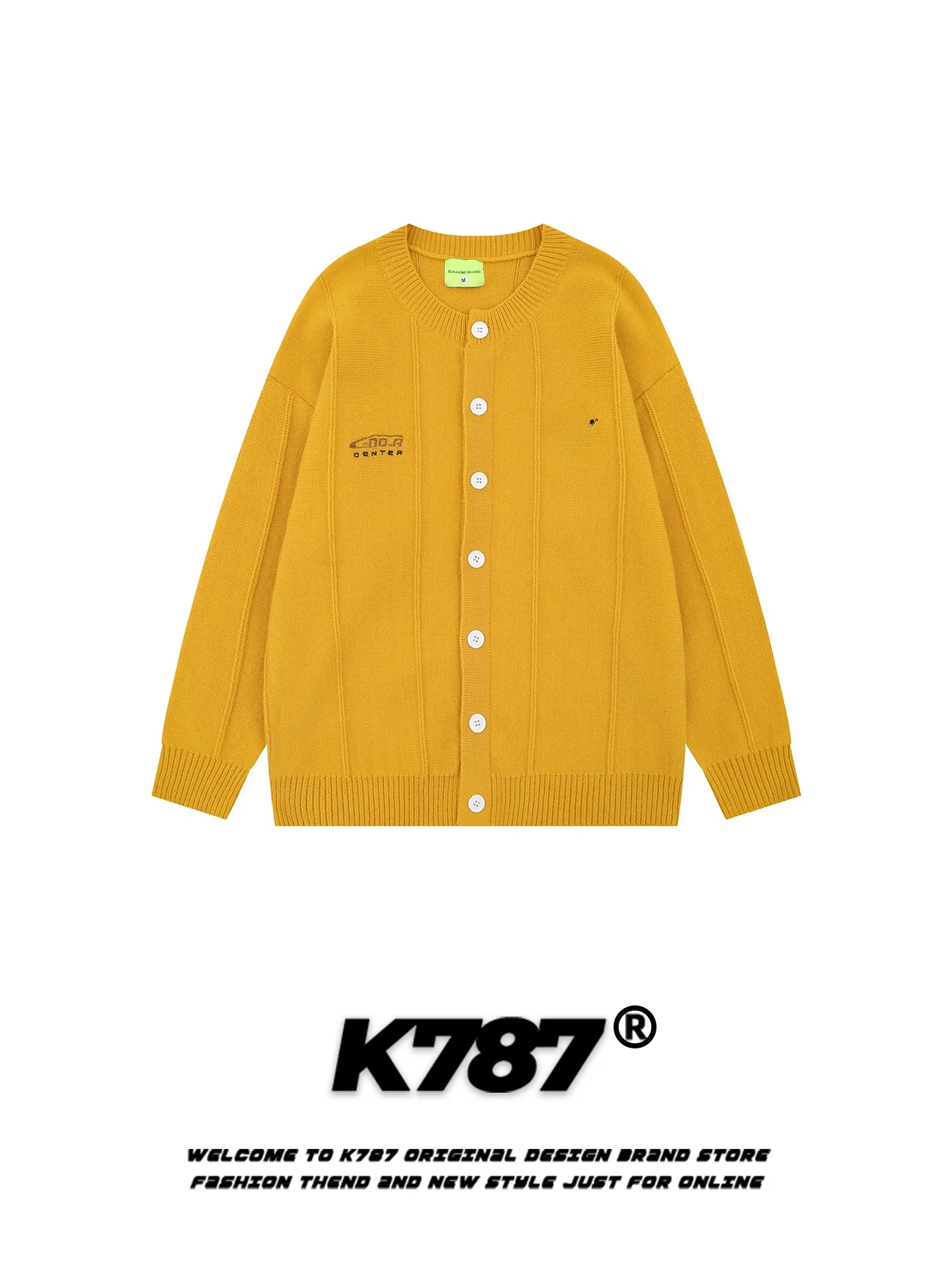 

Мужской свободный теплый вязаный кардиган K787 в американском стиле с вышивкой, круглым вырезом и открытым передом, цвет горчичный