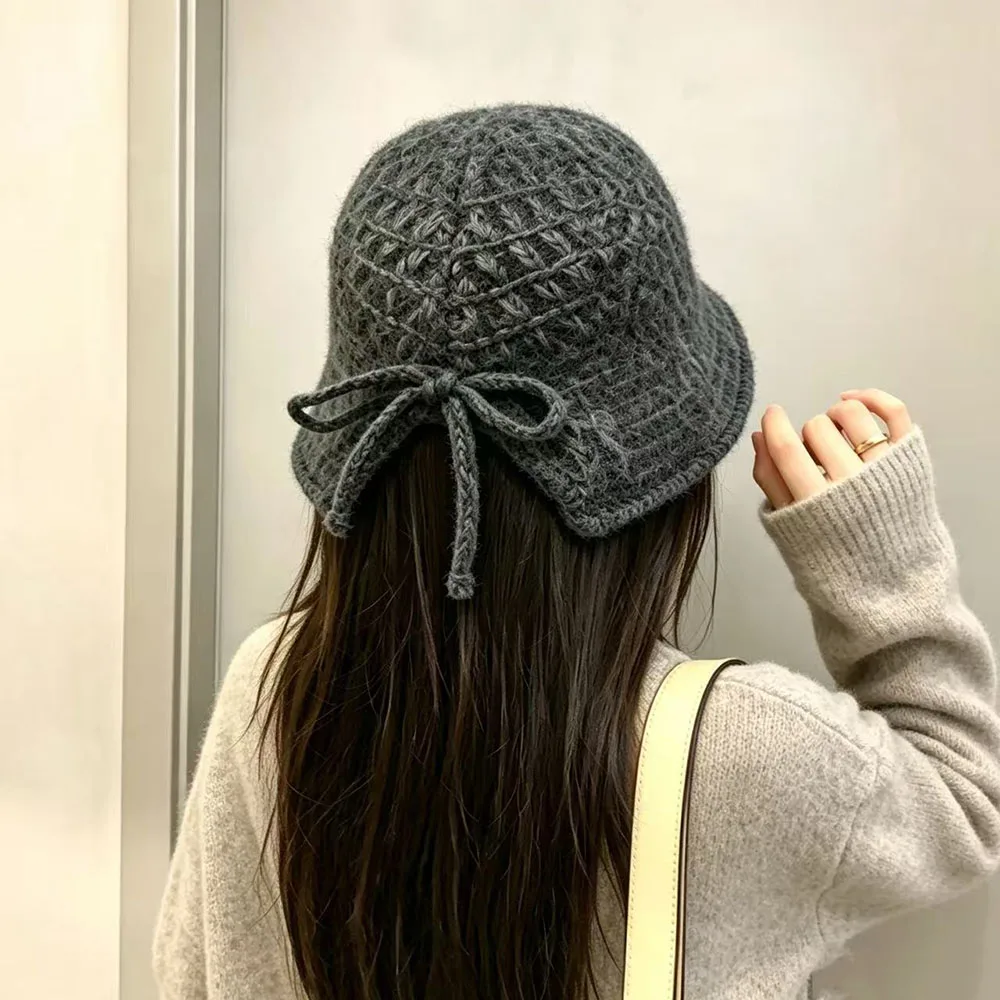 Autumn Winter New Knit Bucket for Women Outdoor Warm Windpoof Versatile Show Face Small Fashion Post-split Bowknot Basin Hat