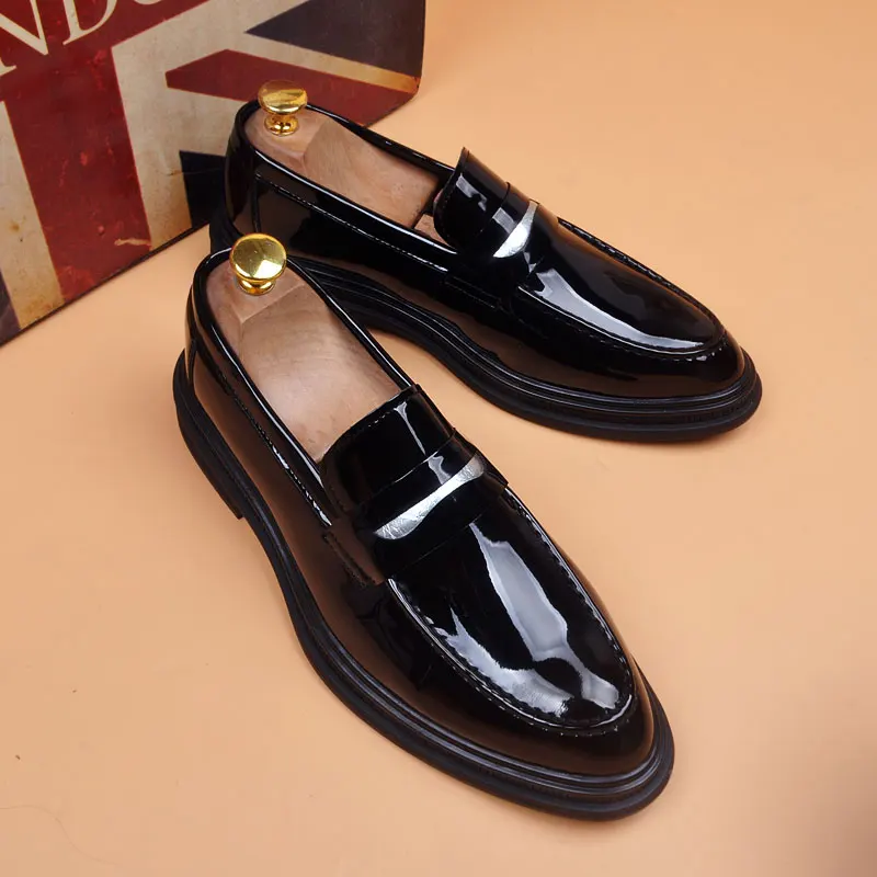 men fashion patent leather shoes slip-on driving shoe business wedding formal dress black stylish brand designer loafers zapatos