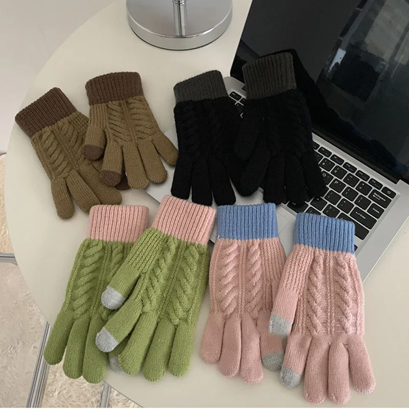 Unisex Wool Knitted Gloves Color Block Winter Women Cute Touch Screen Gloves Outdoor Men Riding Hiking Cold Full Finger Gloves