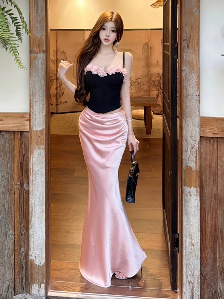 

Sweet Pure Desire Retro 3D Flower Print Strap Vest Wrap Fish Tail Half Skirt Set Sexy Summer Outfit for Young Women