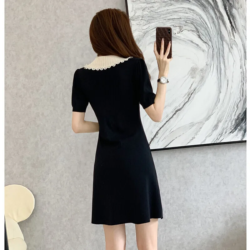 Summer Women\'s Short Sleeved Dress Fashion Casual Solid Color Knitting Academic Style A-line Skirt