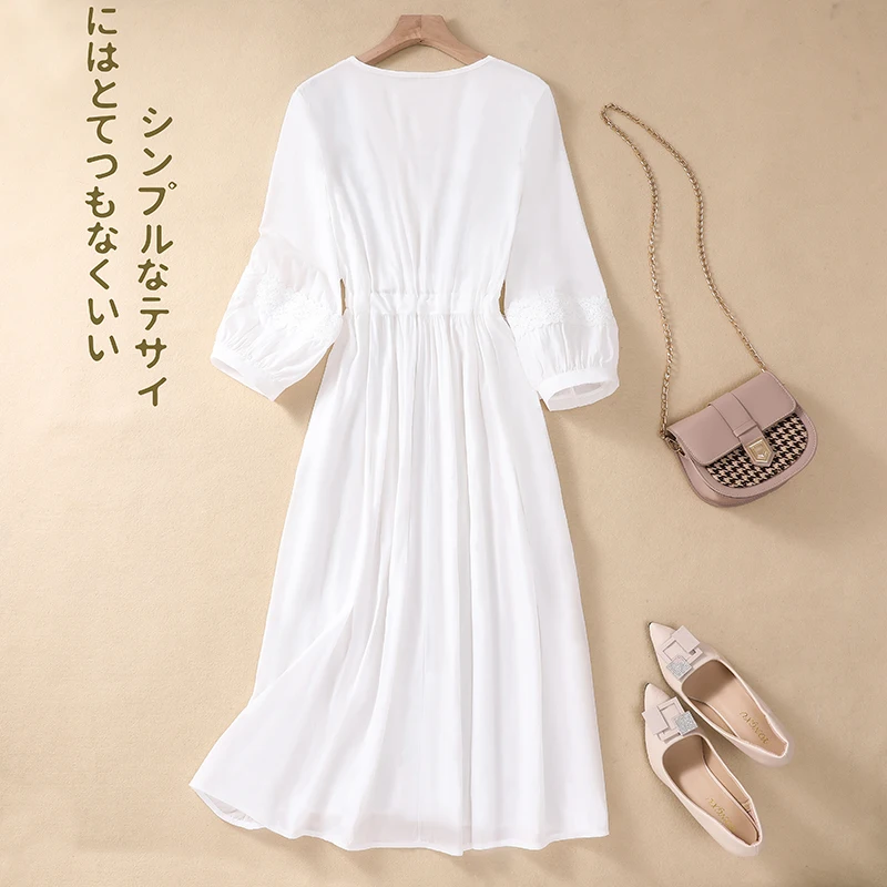 Damska letnia spódnica maxi w kształcie litery A z koronkowym wstawką, dekoltem w serek, rękawami 3/4, sznurowaniem w talii i dużym rozmiarem.