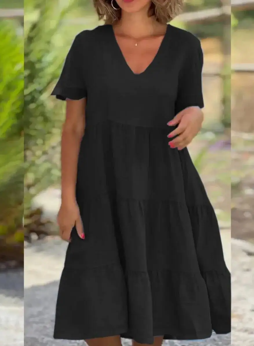 Robes décontractées en coton et lin pour femmes, collection Printemps/Été 2026, manches courtes, col en V uni, coupe ample et évasée, tailles S-3XL, ONO7