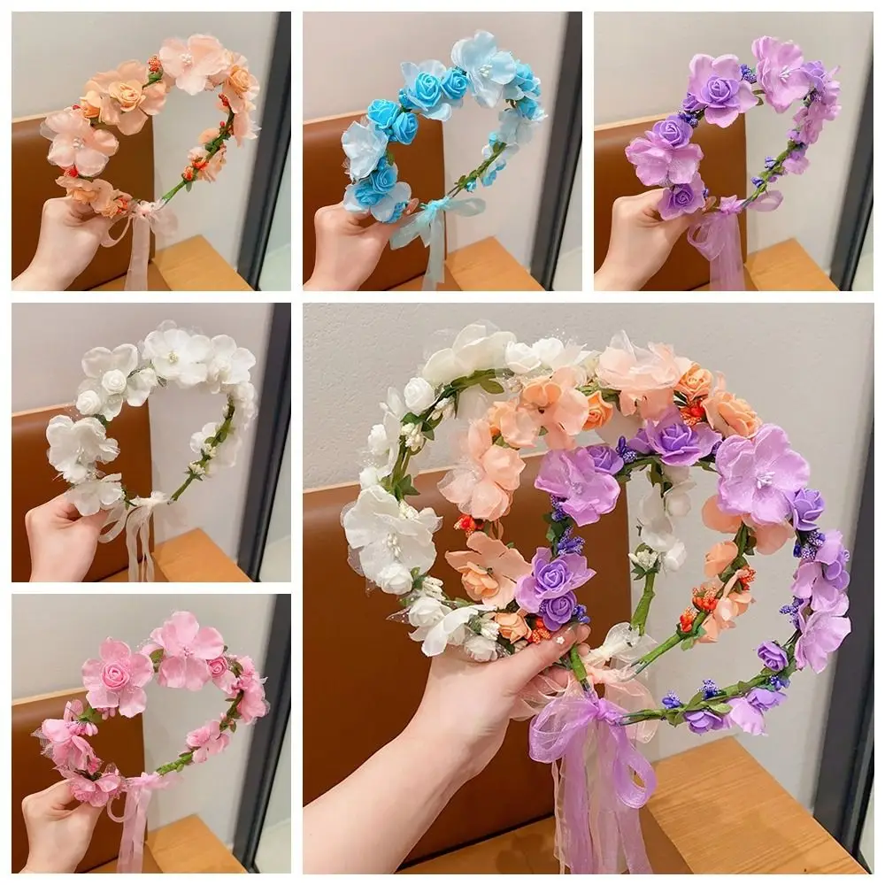 Simulation Flower Floral Garland Mesh Colorful Children Flower Headband Hair Hoop Headwear Bridal Crown Headress