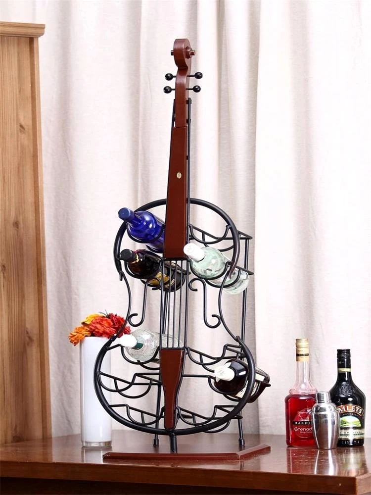 Iron Art Cello Model Wine Bottle Holder Decorative Wood Storage Rack Kitchen Barware Handcraft Ornament Furnishing