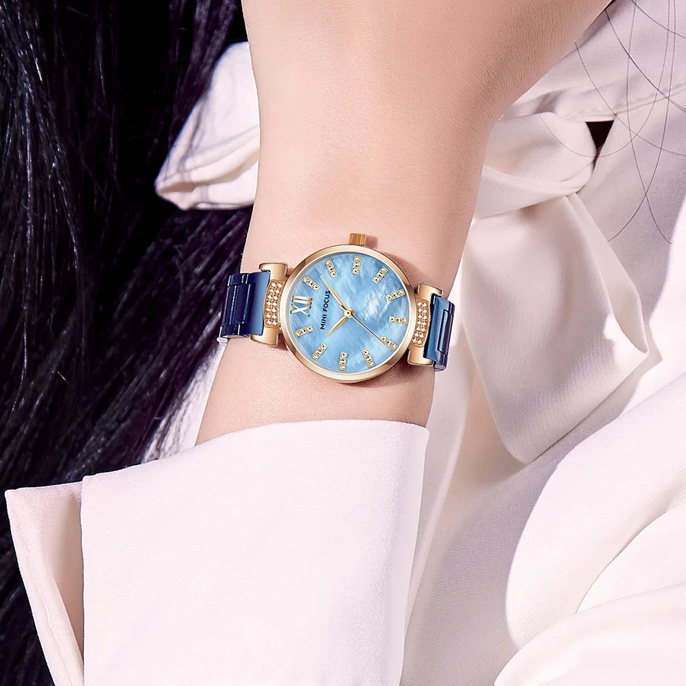 MINI FOCUS-reloj de cuarzo para mujer, pulsera de acero inoxidable con diamantes, elegante, a la moda, color azul, 0227