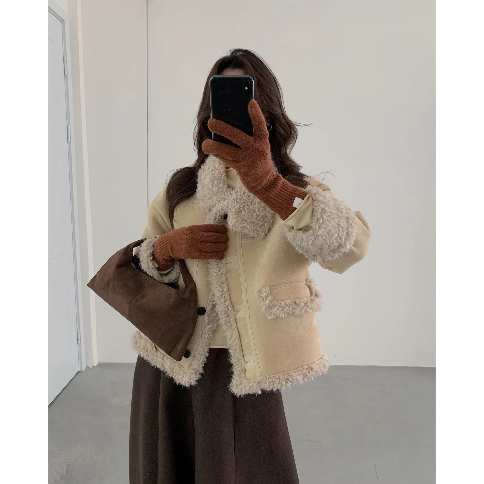 เสื้อโค้ทขนแกะฤดูหนาวแบบวินเทจ หนังกลับบุผ้าฝ้ายอุ่น หนังแท้ แฟชั่นเกาหลีสำหรับผู้หญิง เสื้อโค้ทอุ่น