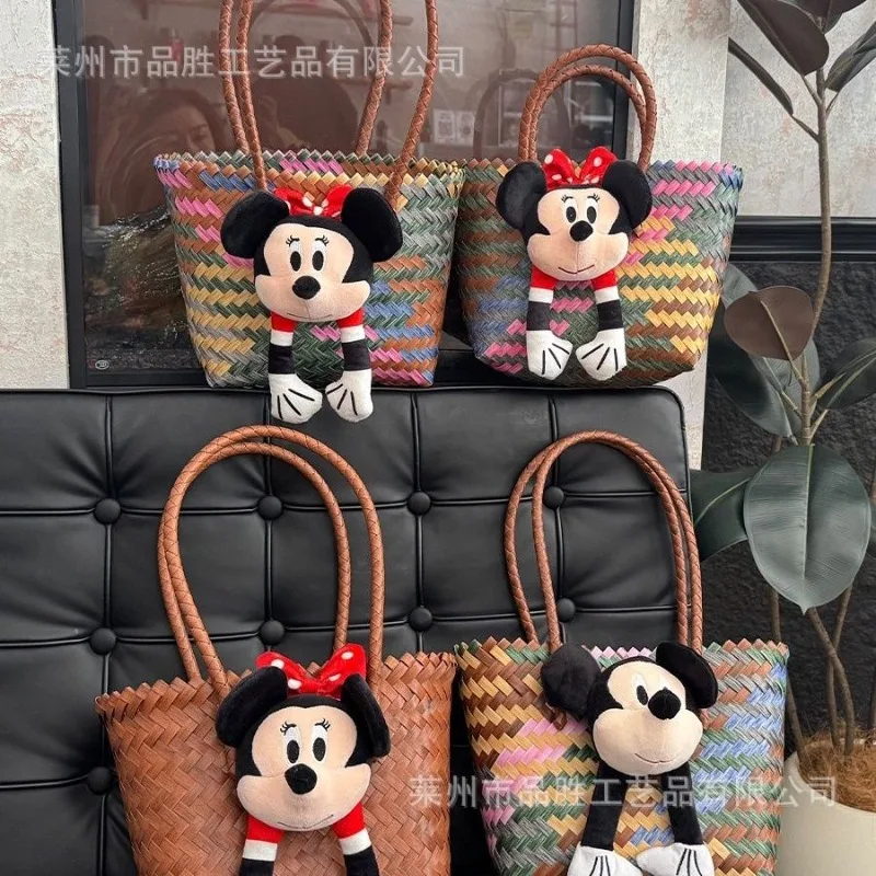 Hand-woven basket Mickey Minnie cartoon Kawai Tot new large capacity one-shoulder fashion vegetable basket bag handbag wholesale