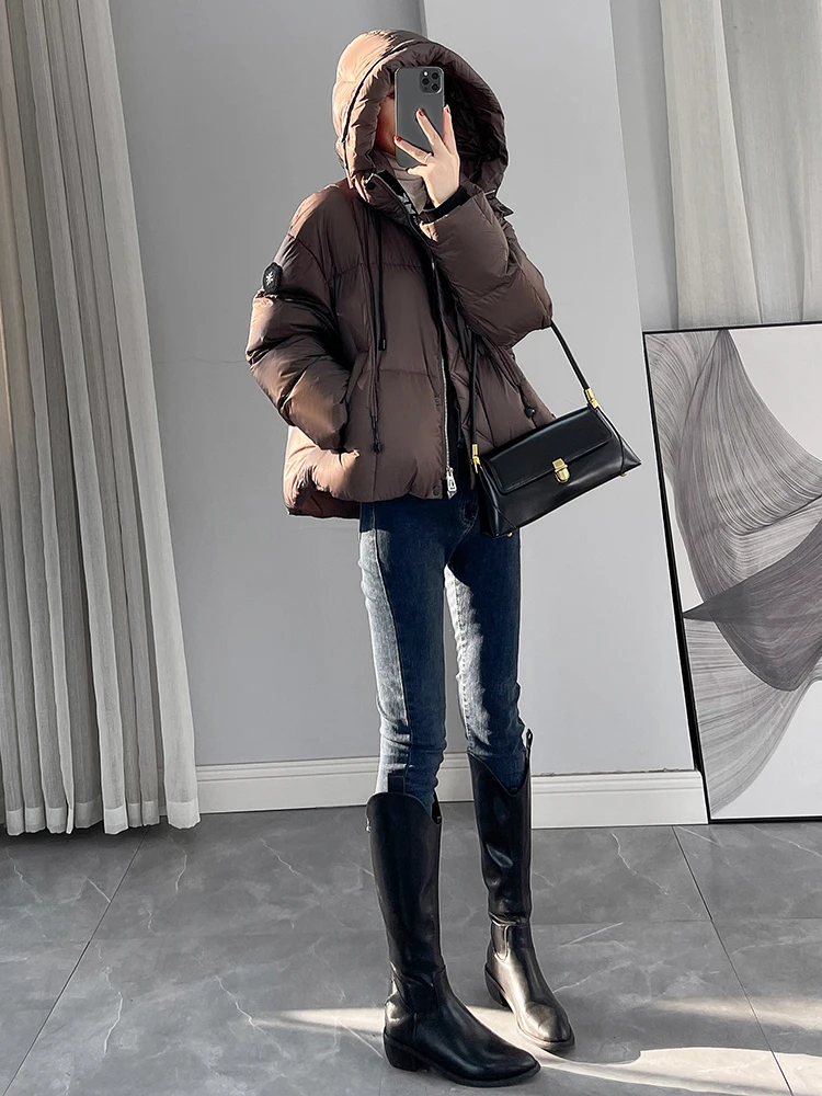 

Женская куртка на гусином пуху с капюшоном, новинка зимы 2025 года, свободная теплая верхняя одежда, утягивающее пальто Sli, удобная молния