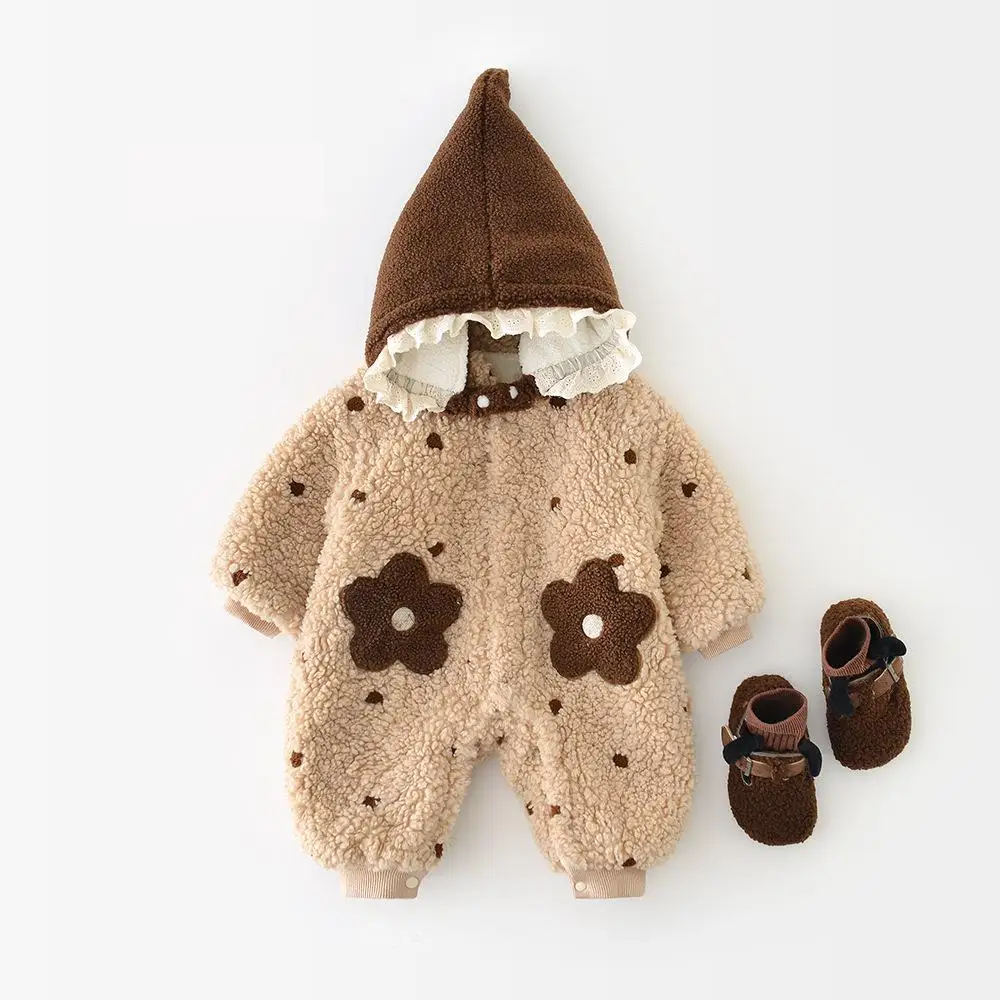 Infant Boy Girl Flower Jumpsuit Plus Velvet Thick Toddler Warm Clothes 2025 Winter New Baby Long Sleeve Fleece Romper + Hat