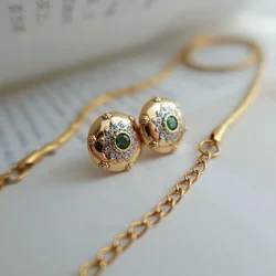 Light Luxury Vintage Court Style Fine Carved Flower Stud Earings Green Zircon Ancient Gold Crafts Earrings for Women Jewelry