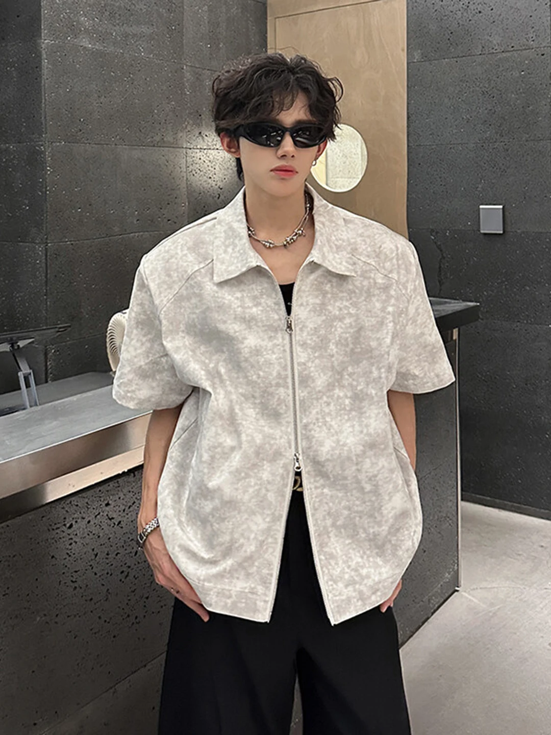 White Dyed Short Sleeve Shirt Men's Design Summer Shoulder Double Zipper Jacket Short American Style Shirt Youth Casual Wear