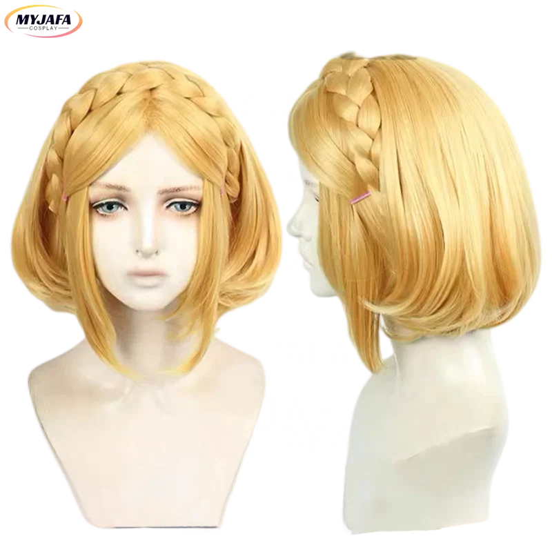 Princess Zelda Cosplay Wig Princess Cosplay Golden Blond Braided Short Heat Resistant Synthetic Hair Game Anime Wigs   Wig Cap