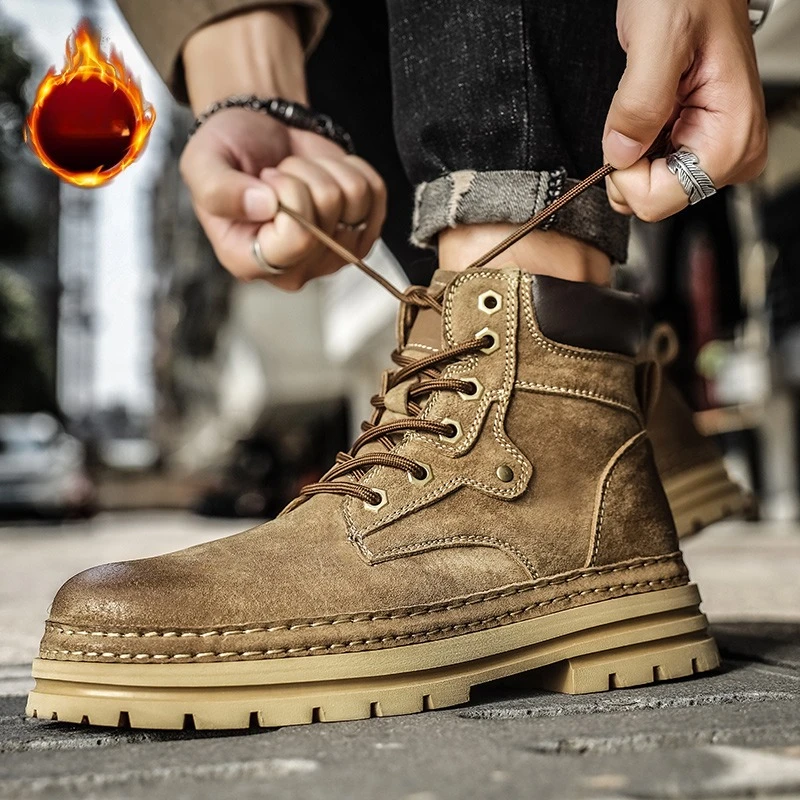 

Fashion Leather Men's Boots Winter Warm Plush Men Snow Boots British Style High Top Motorcycle Boots Luxury Men Ankle Work Boots