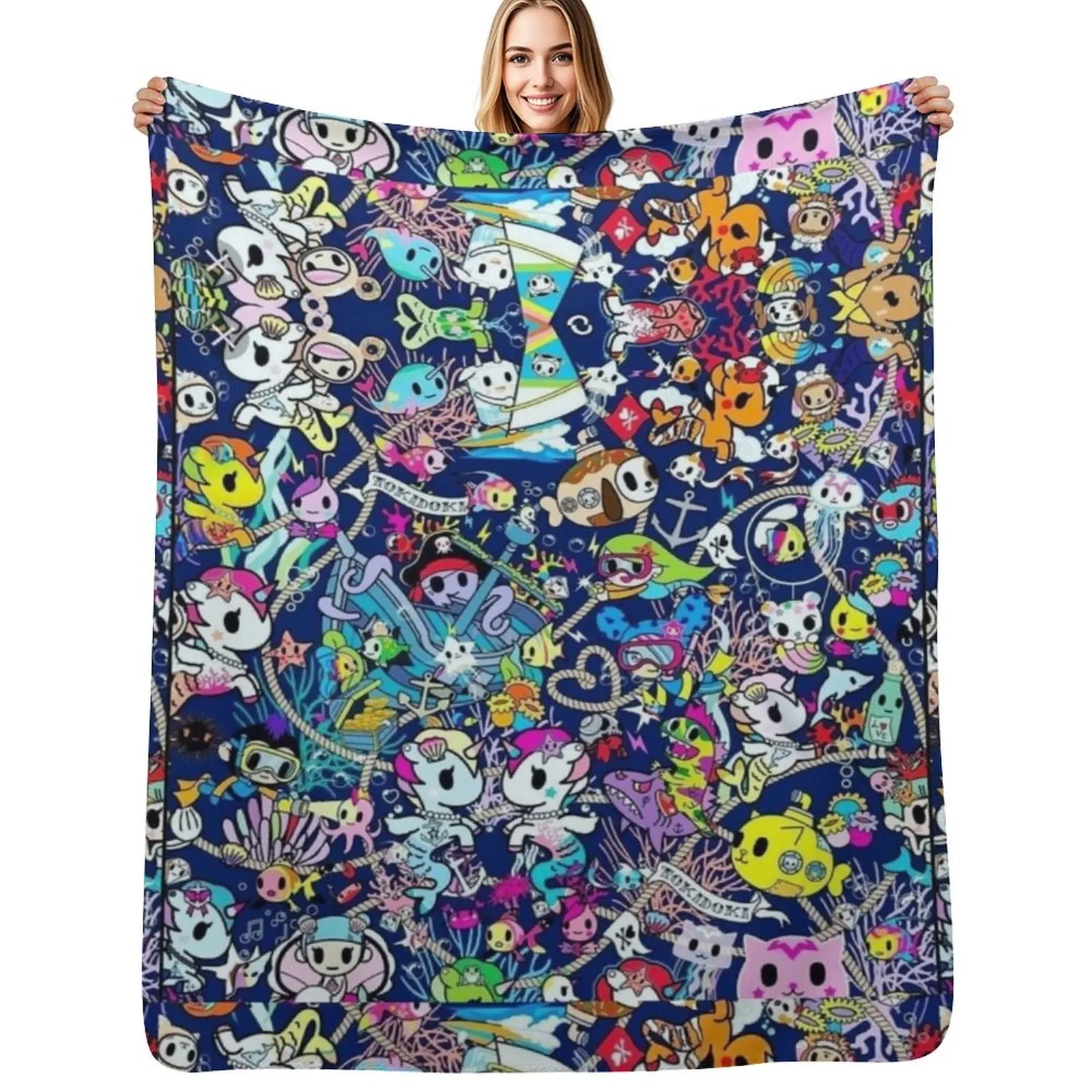 donutella and his friends unicorns mofia collaboration Throw Blanket Flannel Fabric Warm Bed Retros Blankets