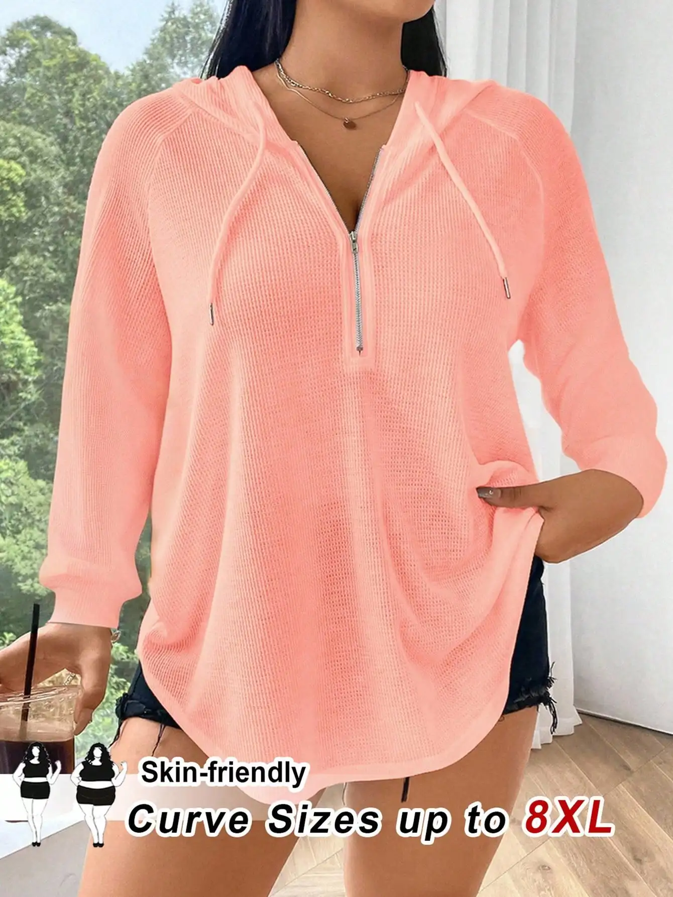 

Розовая толстовка с капюшоном на молнии для женщин, большие размеры до 8XL, вафельное плетение, повседневная осенняя толстовка с карманами