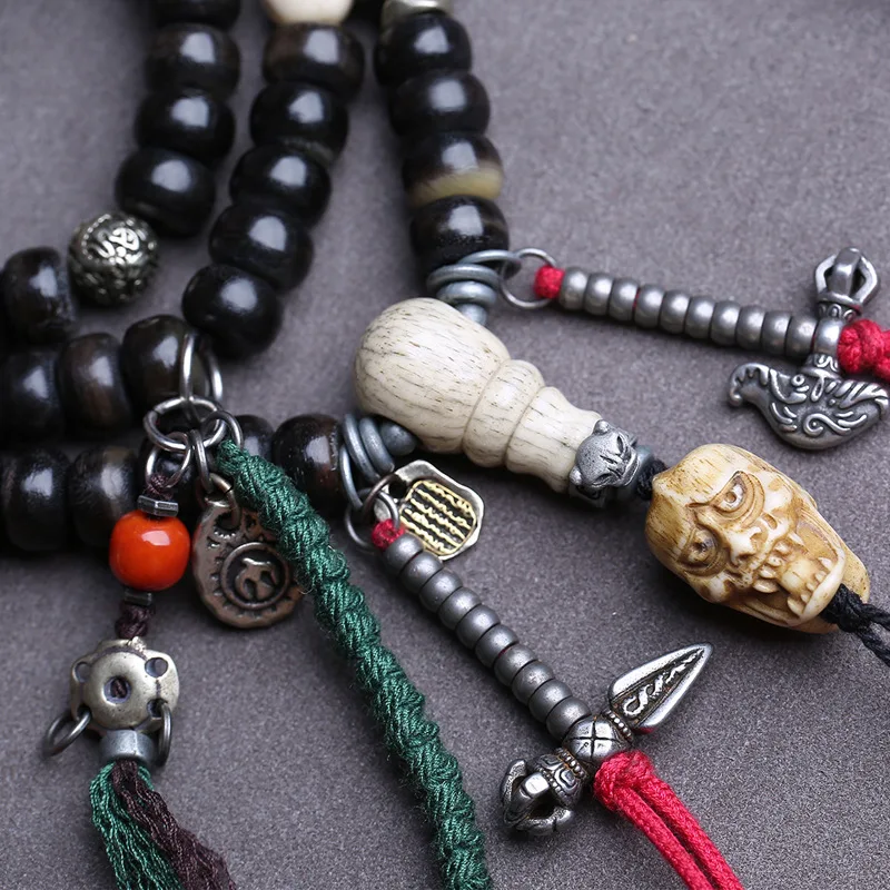 Necklace Bracelet, Tibetan Natural Horn , 108 , Buddhist Prayer , Dice-Shaped Beads, Yak Bone, Three-Hole