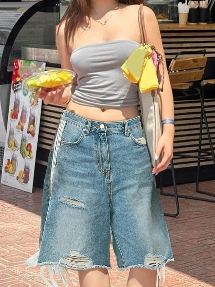 

Women s Distressed Denim Shorts with Frayed Hem and Lace-Up Detail Perfect for Summer Vacation and Street Style