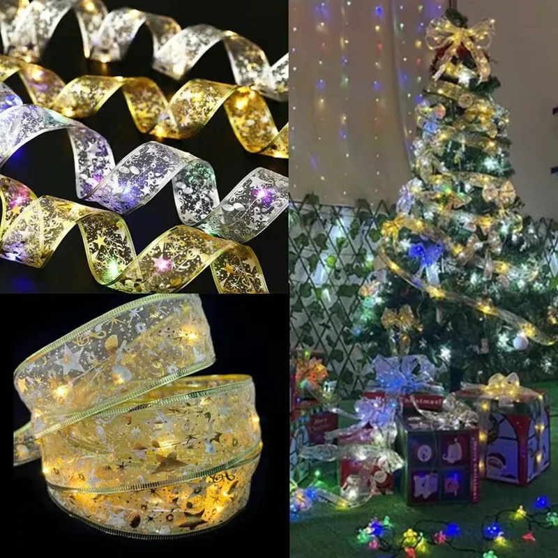 

10m/5m/2m Christmas Ribbon LED Lights Christmas Tree Lighting Bows Ornaments Home Holiday DIY String Lights New Year Decoration