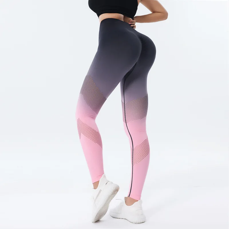 Summer Women High Waist Gradient Leggings Hollow Sweatpants Hip Lifting Tight Sexy Yoga Gum Pants Running Sports Cycling Trouser