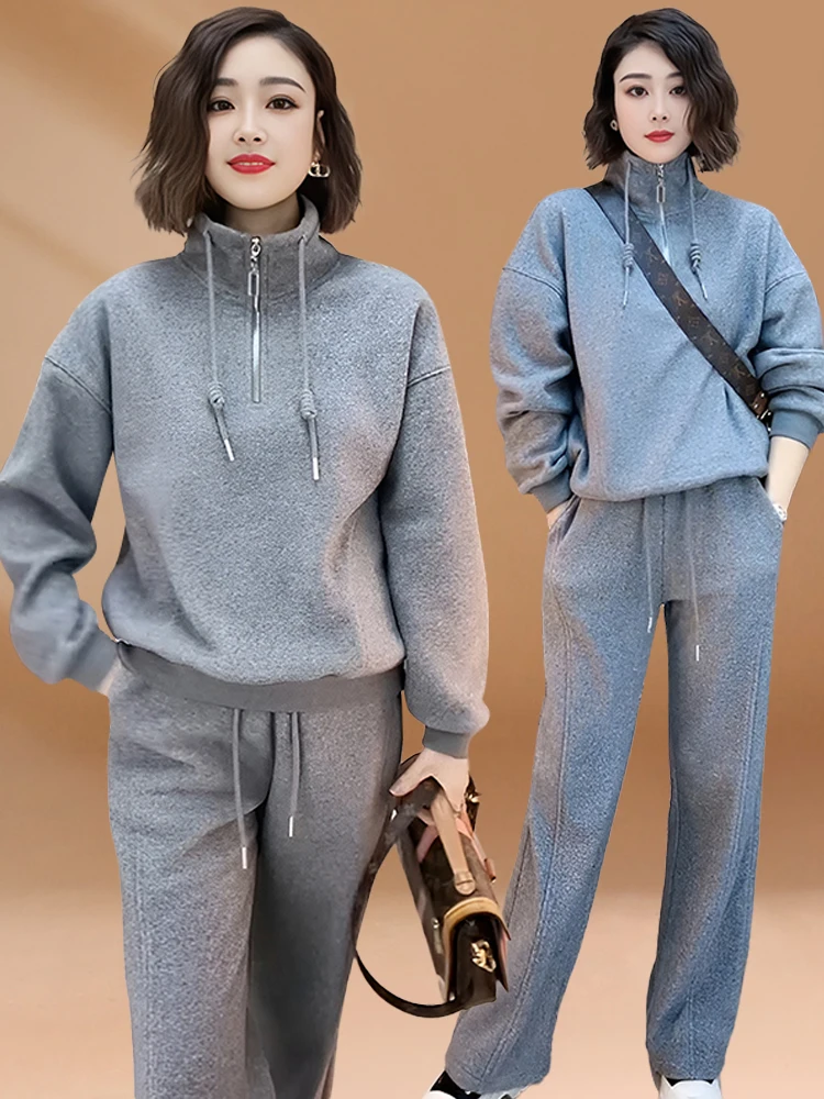 

Весенне-осенний женский повседневный спортивный костюм 2026: худи на молнии с воротником-стойкой и брюки с длинными рукавами, популярная модель для отдыха