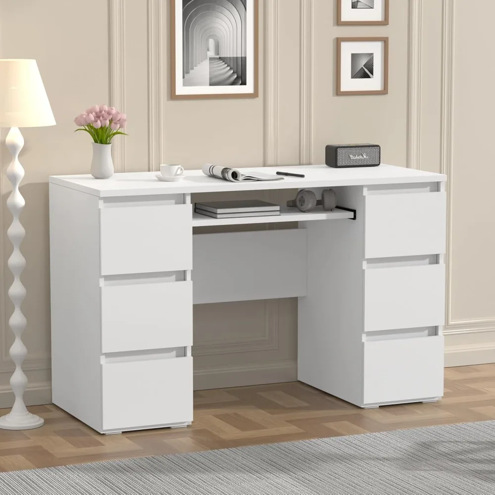 47'' Home Office Desk with Storage & Keyboard Shelf, White Gaming Desks, Wood Vanity Desks for Bed，Computer Desk with 6 Drawers