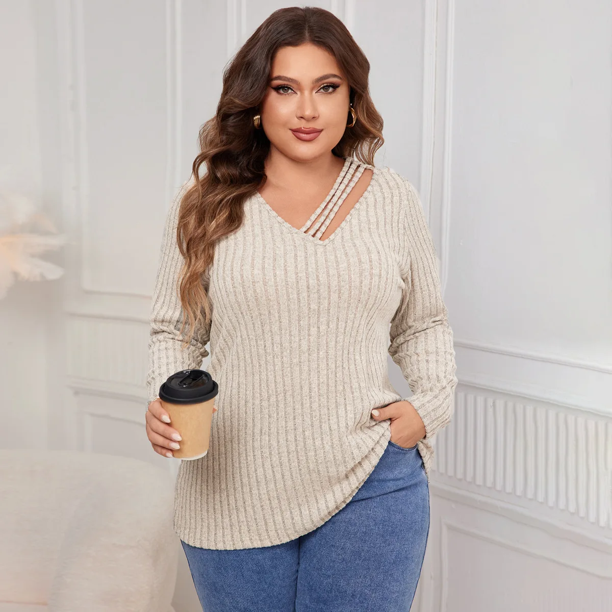 

Plus Size Women's Knitted Sweater V Neck Solid Khaki Oversized Clothing for Women Simple Loose Fashion Autumn Winter