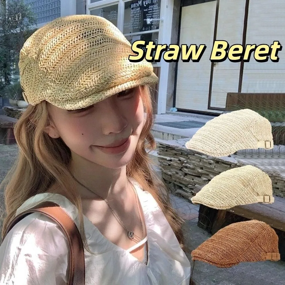 

Japanese Style Hollow Straw Beret Flat Beach Straw Newsboy Cap Adjust Vacation Painter Beret Men Women