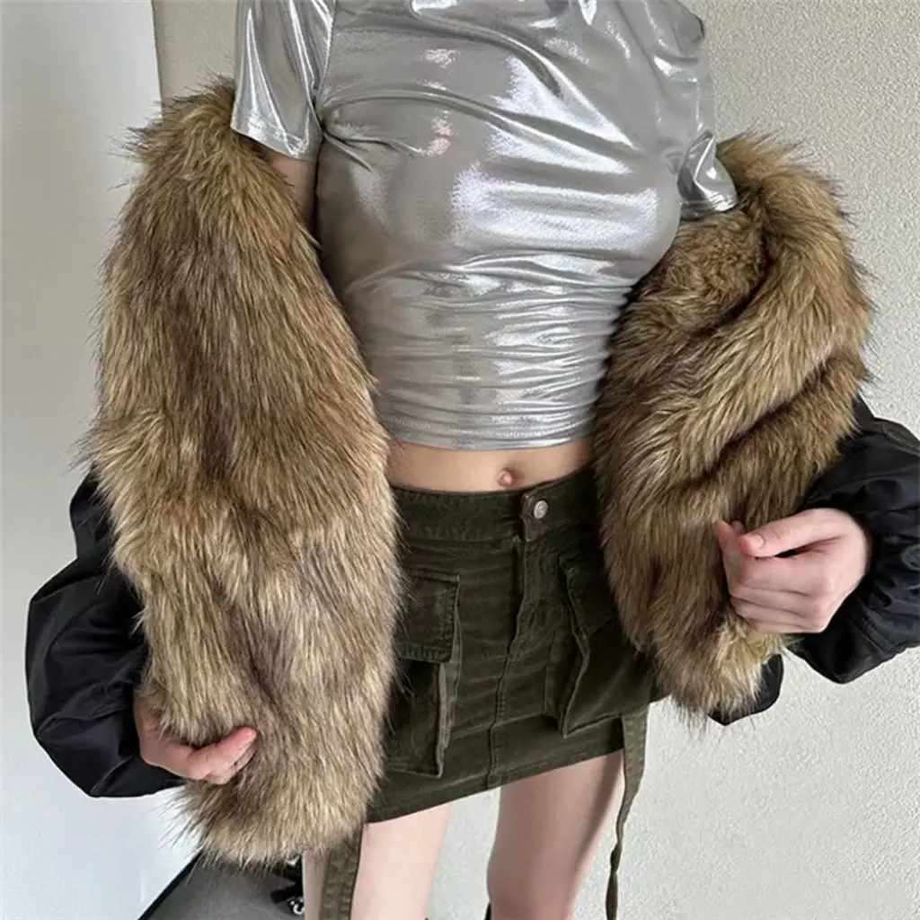 

Women's Loose Street Fashion Cardigan Solid Color Long Sleeve Coat with Fur Collar Autumn New Style European American Style