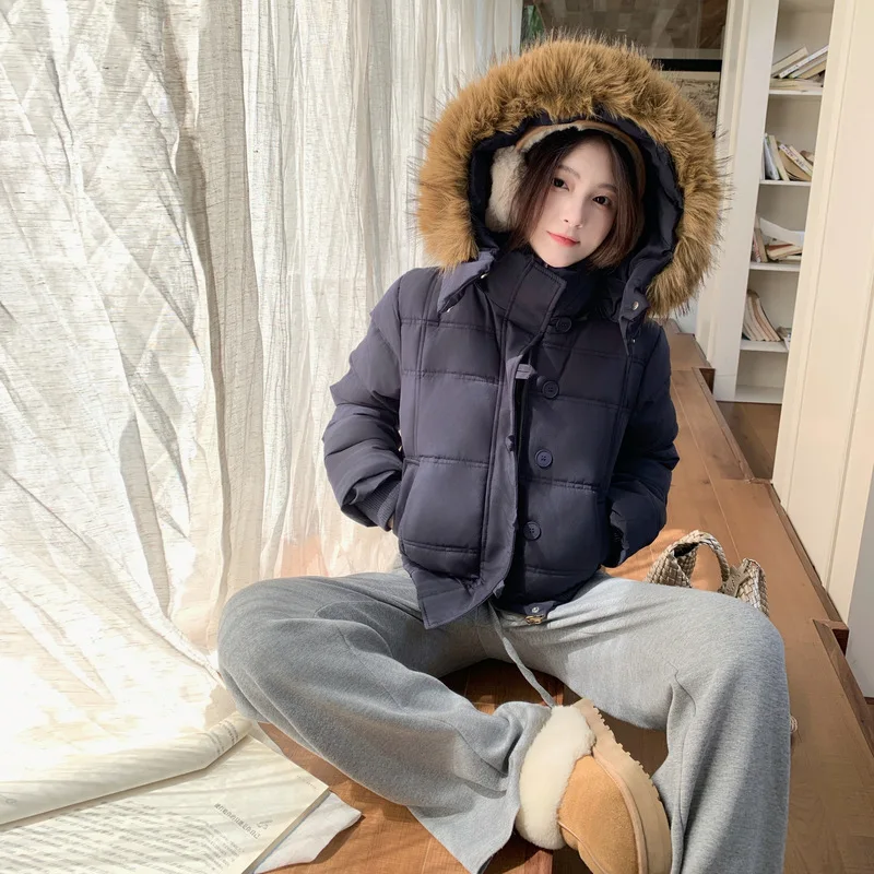 PinkyIsBlack Korean College Big Fur Collar Hooded Cotton Padded Jacket Women's Winter 2025 New Thick Short Puffer Jacket Clothes