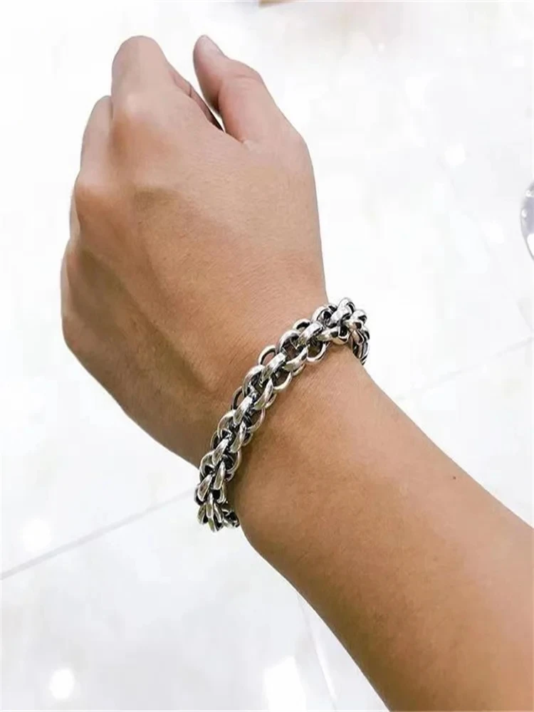 Luxury Jewelry S925 Sterling Silver Thai Silver Bracelet Vintage Hand Braided Men's Chain Domineering Bangle Gifts for Boyfriend