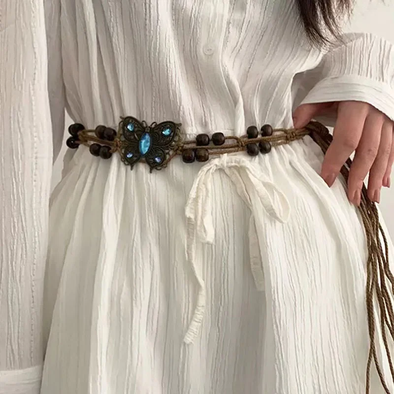 Vintage Hand-woven Belt for Woman Dress Decoration Waist Chain Bohemian Beach Style Butterfly Buckle Linen Woven Waist Rope