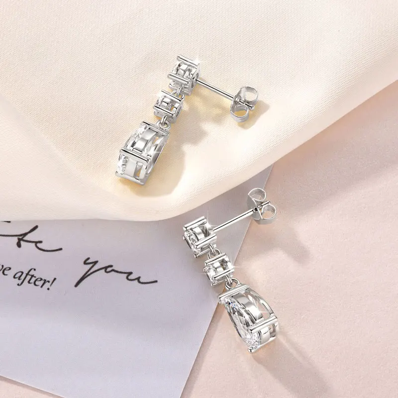 Dainty Geometric Cubic Zirconia Drop Earrings Round & Pear Cut Linear Dangling Earrings Elegant Copper Statement Earrings