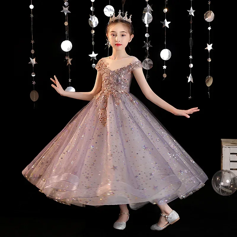 Robe de princesse de style occidental violet nickel é pour enfants, robe de fille de fleur, hôte, spectacle de marche, nouveau, printemps, 2024